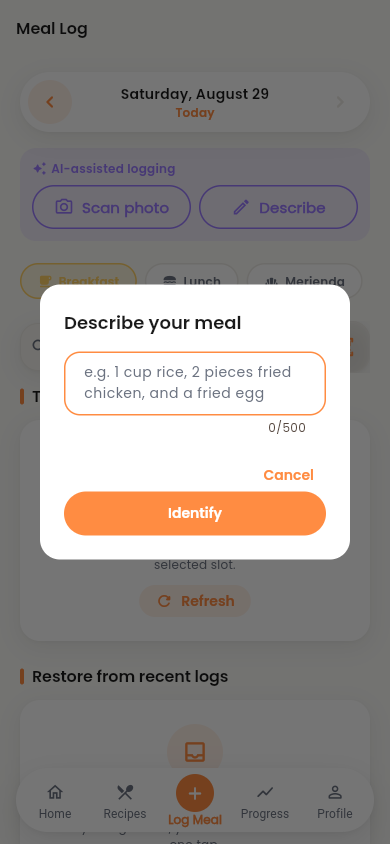 The Klori describe-your-meal dialog with a free-text field and an Identify button.