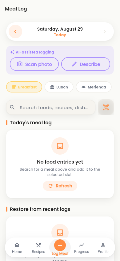 The Klori meal log screen with an AI-assisted logging panel offering Scan photo and Describe.