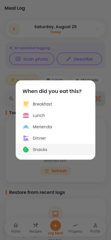 The Klori meal slot picker listing Breakfast, Lunch, Merienda, Dinner and Snacks.