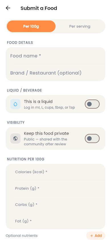 The Klori submit-a-food form, showing a visibility toggle labelled public and shared with the community after review.