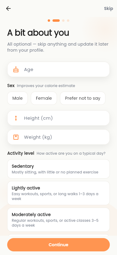 The Klori onboarding stats step, with age, sex, height, weight and activity level, all marked optional.