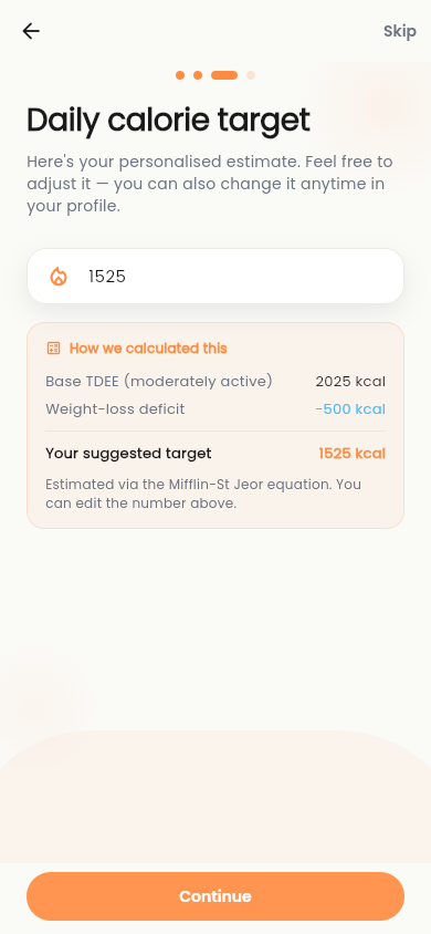 The Klori daily calorie target step showing base TDEE, the weight-loss deficit, and the resulting suggested target.