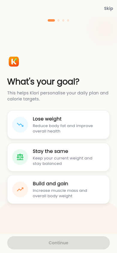 The Klori onboarding goal step, offering Lose weight, Stay the same, and Build and gain.