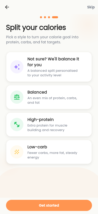 The Klori macro split step offering balanced, high-protein and low-carb styles.