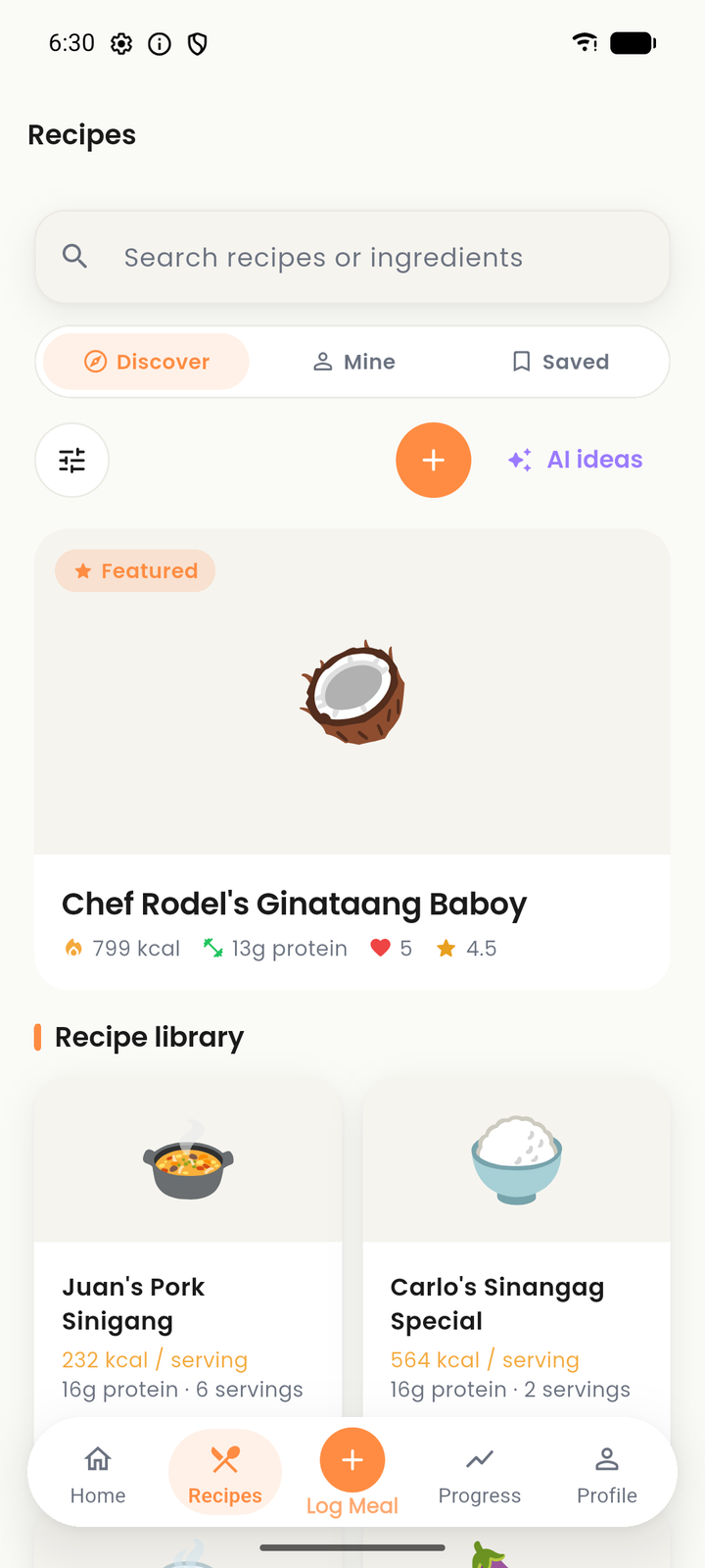 The Klori Android app showing the community recipe feed: shared Filipino recipes with star ratings, save counts, and comment counts.