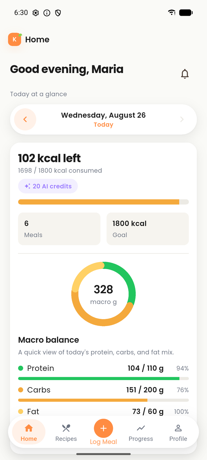 The Klori Android app showing the daily dashboard: calories remaining, protein, carbs and fat rings, water intake, and the day's logged meals.
